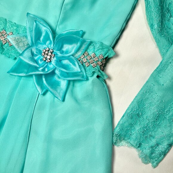 Vtg 60s 70s Holiday Formal Hostess Maxi Dress Gown Lace Rhinestone Chiffon M - Picture 4 of 6